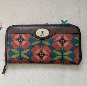 Fossil Multicolor Floral Zip Wallet - Teal, Coral & Olive